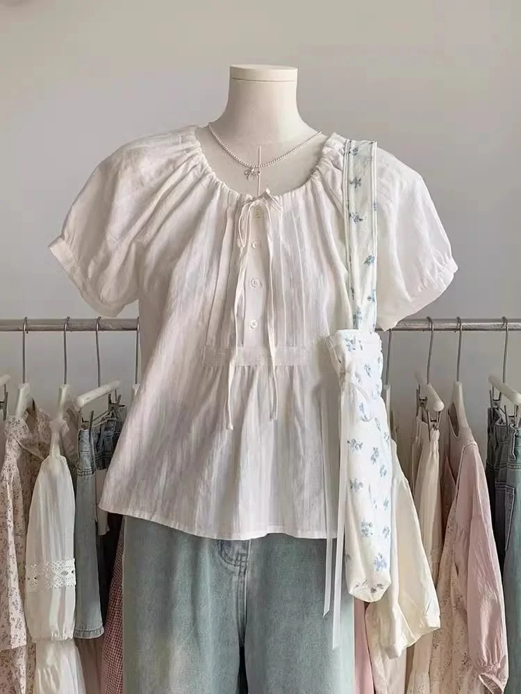 

plus Size Women's Shirt Drawstring Pleated Short Sleeve Bubble Sleeve Summer Casual Wear Polyester Fiber round Neck Regular L...