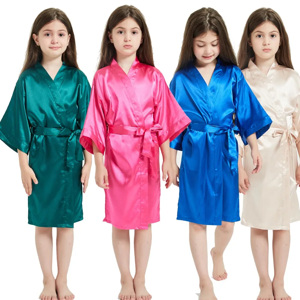 3-13T Toddler Girl Robes Summer Satin Silk Pyjama Night Robe Green Champagne Gold Spa Robe for Girls Birthday Party Kids Clothes