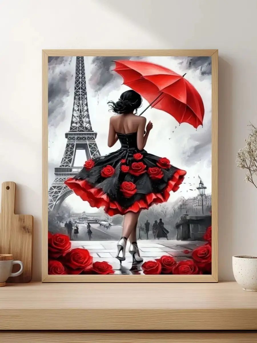 1 Stück 30x40 cm/11,8x15,7 Zoll, 11Ct/14Ct Kreuzstich-Set, DIY Valentinstagsgeschenk, Stickerei-Set für Festlichkeiten, Eiffelturm Rotes Kleid – Detail 1