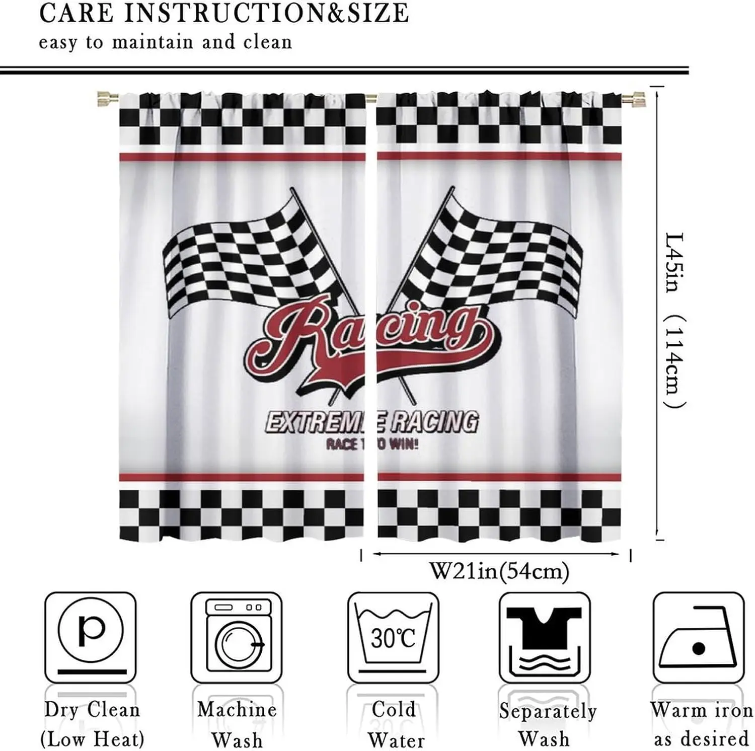 Racing Car Curtains, Vintage Extreme Speed Sports Automobile Competition Black and White Checked Flag Pattern Drapes, Blackout