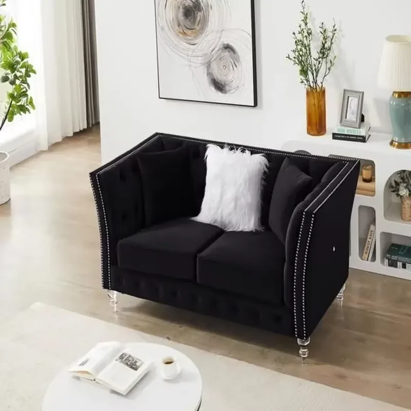 #LTL 2+3 Seat Living Room Sofa Set Black Velvet Deep Tufted Button Acrylic Feet Cushion Combination Lounge Style