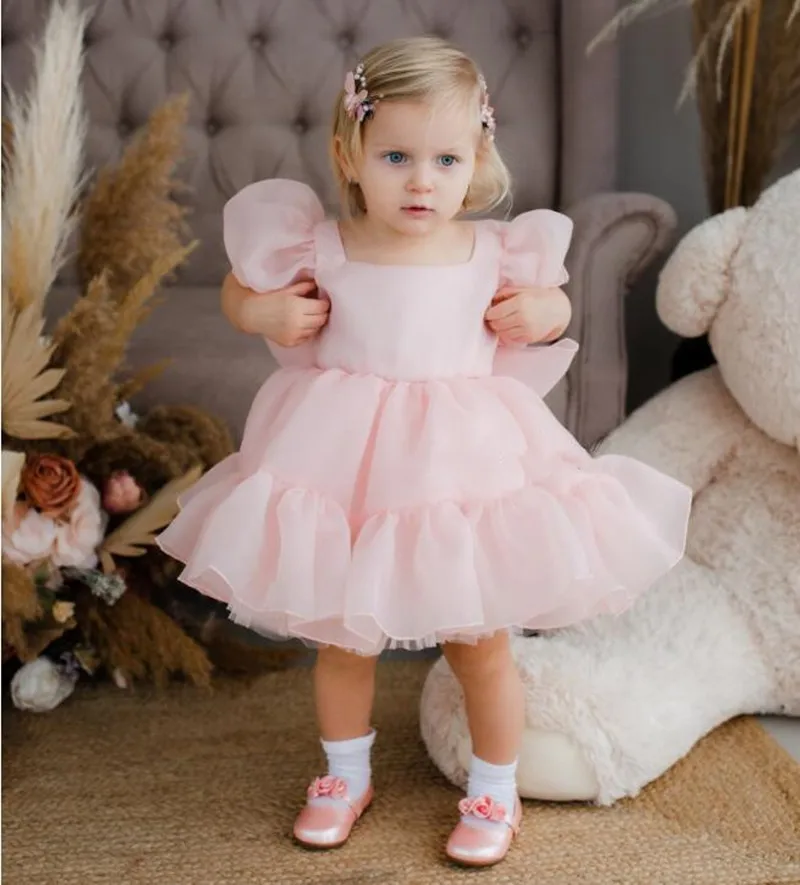 Pink Puffy Girl Costume Tutu Criança Frock Kid Joelho Comprimento Flower Girl Dress Roupa de aniversário infantil com grande arco