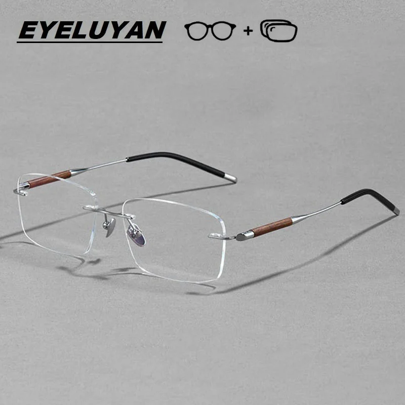 EYELUYAN Titanium Wood Rimless Glasses Men Optical Myopia Hyperopia Eyeglasses Anti UV Aspheric Lens Prescription Eyewear - view 5