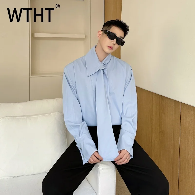 WTHT Trendy Men's Solid Color Tie Metal Button Lapel Shirts Fashion Summer Casual Long Sleeves Single-breasted Tops Male 2A0357