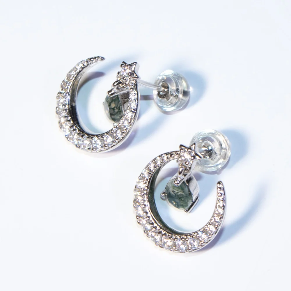 

Moon Earring 925 Silver Green Moss Earring Premium Full of Zircon Stud Earrings