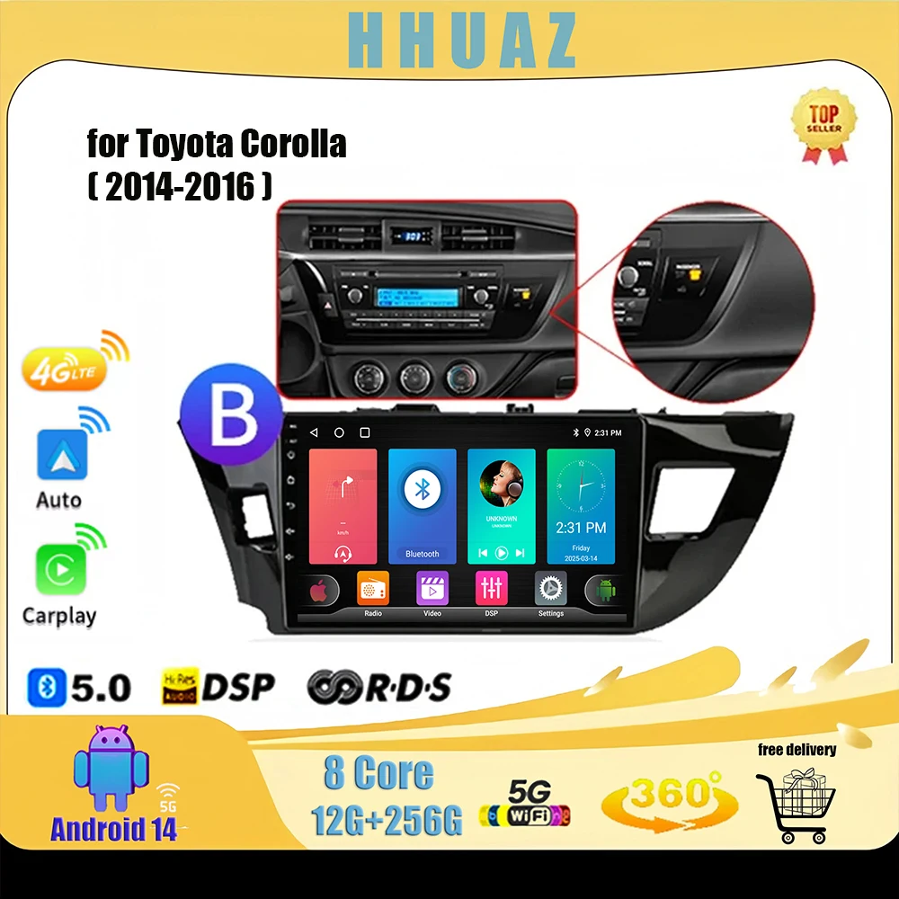 Автомобильный радиоприемник 2Din 4G для Toyota Corolla Ralink 2013 2014 2015 2016 Android 14 Стерео Мультимедийный плеер Навигация GPS WiFi Carplay