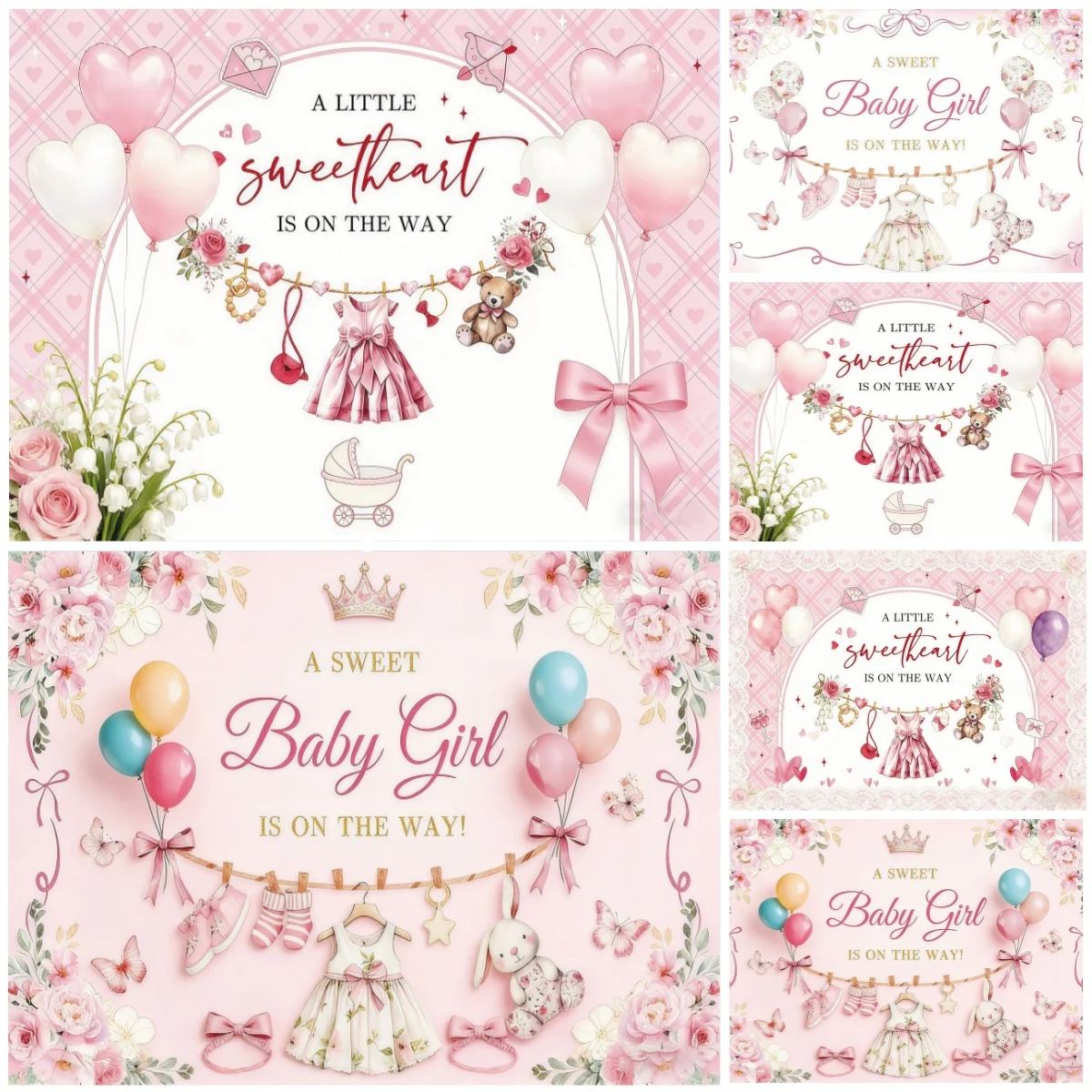 Girl Baby Shower Photography Backdrops Sweetheart Baby Pink Floral Dress Teddy Bear Gender Reveal Kids Party Portrait Background