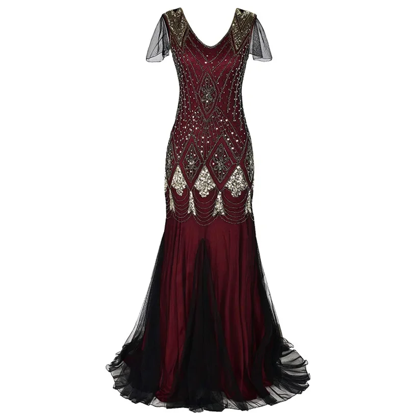 Women Vestidos 1920s Great Gatsby Dress Long Vintage Short Sleeve Maxi Party Costume For Prom Cocktail Mother Of Bride Dresses