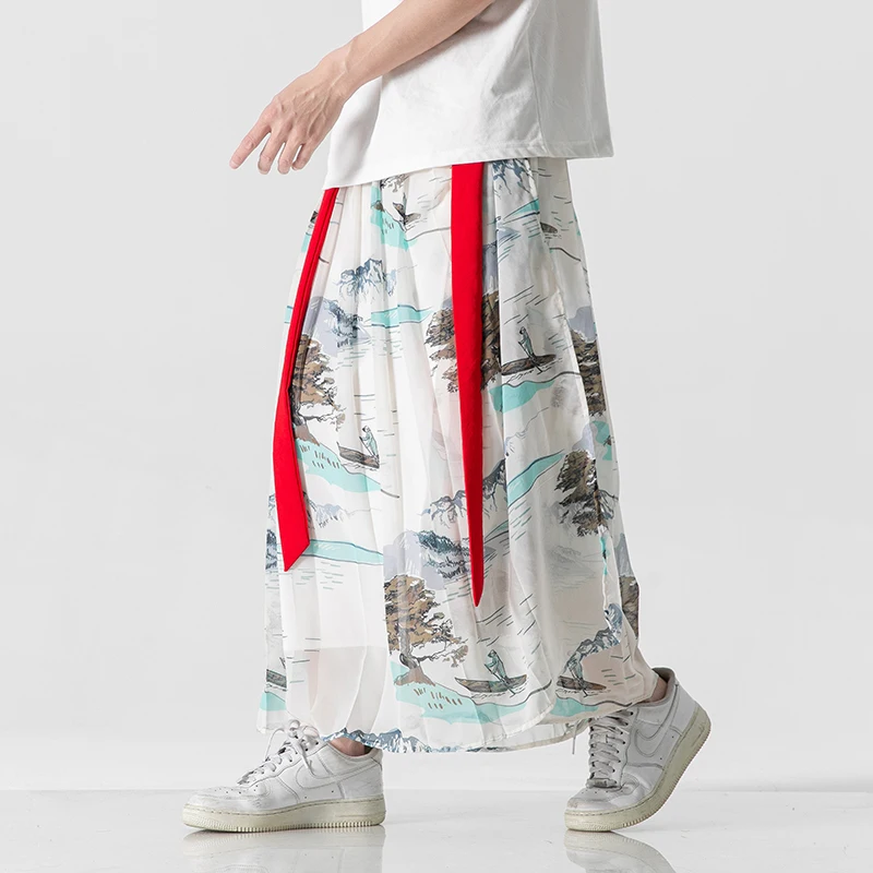 2023 Summer Men Harajuku Kimono Skirt Casual Wide Pants Men Women Ice Silk Thin Hanfu Tang Suit One Piece Horseface Culottes