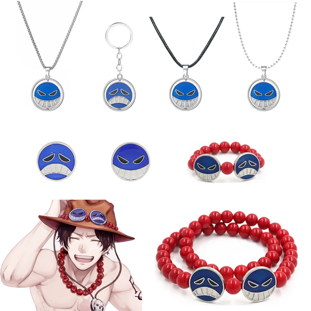 Anime One Piece Collane Barba Bianca Pirati Logo Portachiavi Portgas D Ace Bracciali Cosplay Pendenti Spille Spille Figura Regali