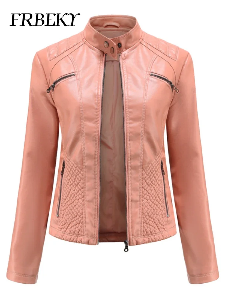 Casaco feminino outono nova jaqueta de couro casual gola manga longa jaqueta fina cor sólida casaco streetwear jaqueta com zíper