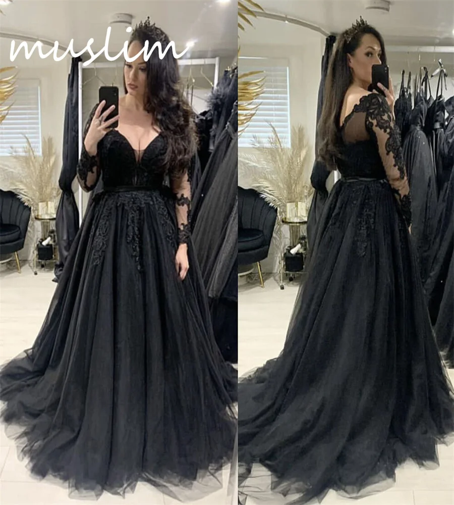 

Plus Size Black Gothic Wedding Dress Elegant V Neck Long Sleeve A Line Tulle Bridal Dresses 2024 Elegant Boho Country Bride Gown