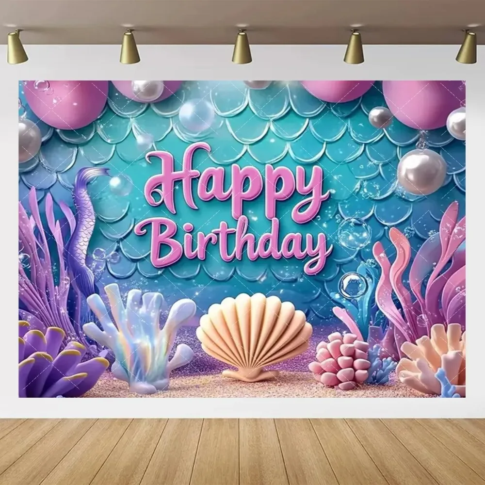 Ocean Castle Underwater Mermaid Theme Banner Background Cloth, Children Birthday Party Decoration Photography Studio Background