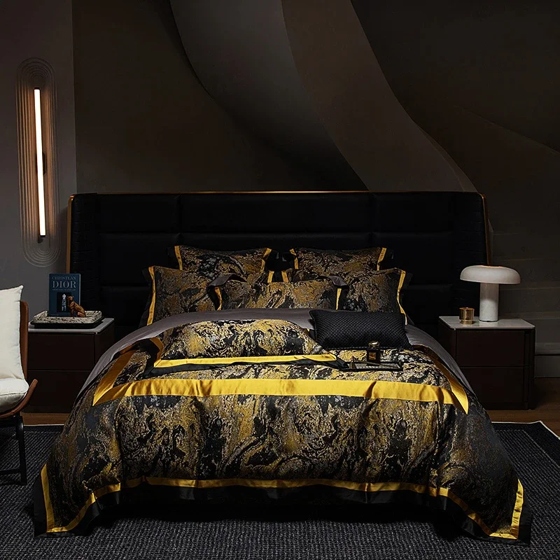 4/7Pcs Luxury Black Gold Jacquard Cotton Sateen Bedding Set Double Queen King Duvet Cover Set Fitted Sheet Bedspread Pillowcases