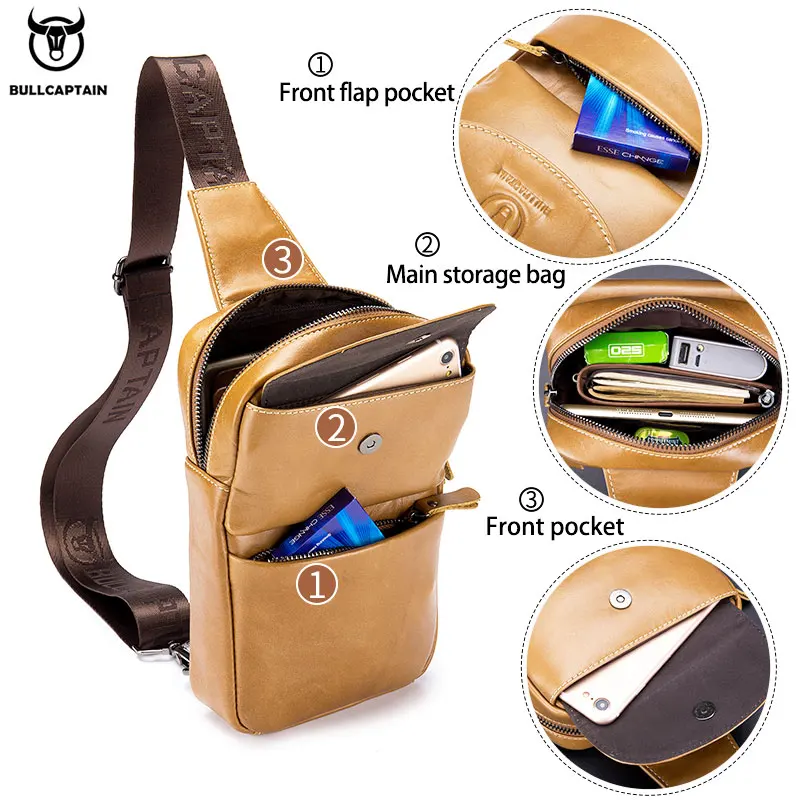 BULLCAPTAIN New Multifunctional Messenger Bags Men\'s Casual Crossbody Bags Short Trip Bag Retro Chest Bag For Men Leather Bages