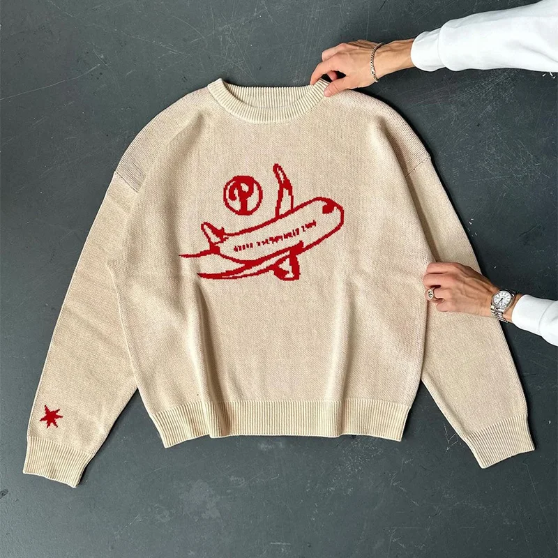 Women Sweaters Plane Knit Jumpers Winter Graphic Y2k Streetwear Long Sleeve Top Pullovers Vintage Fashion Korean Popular Clothes