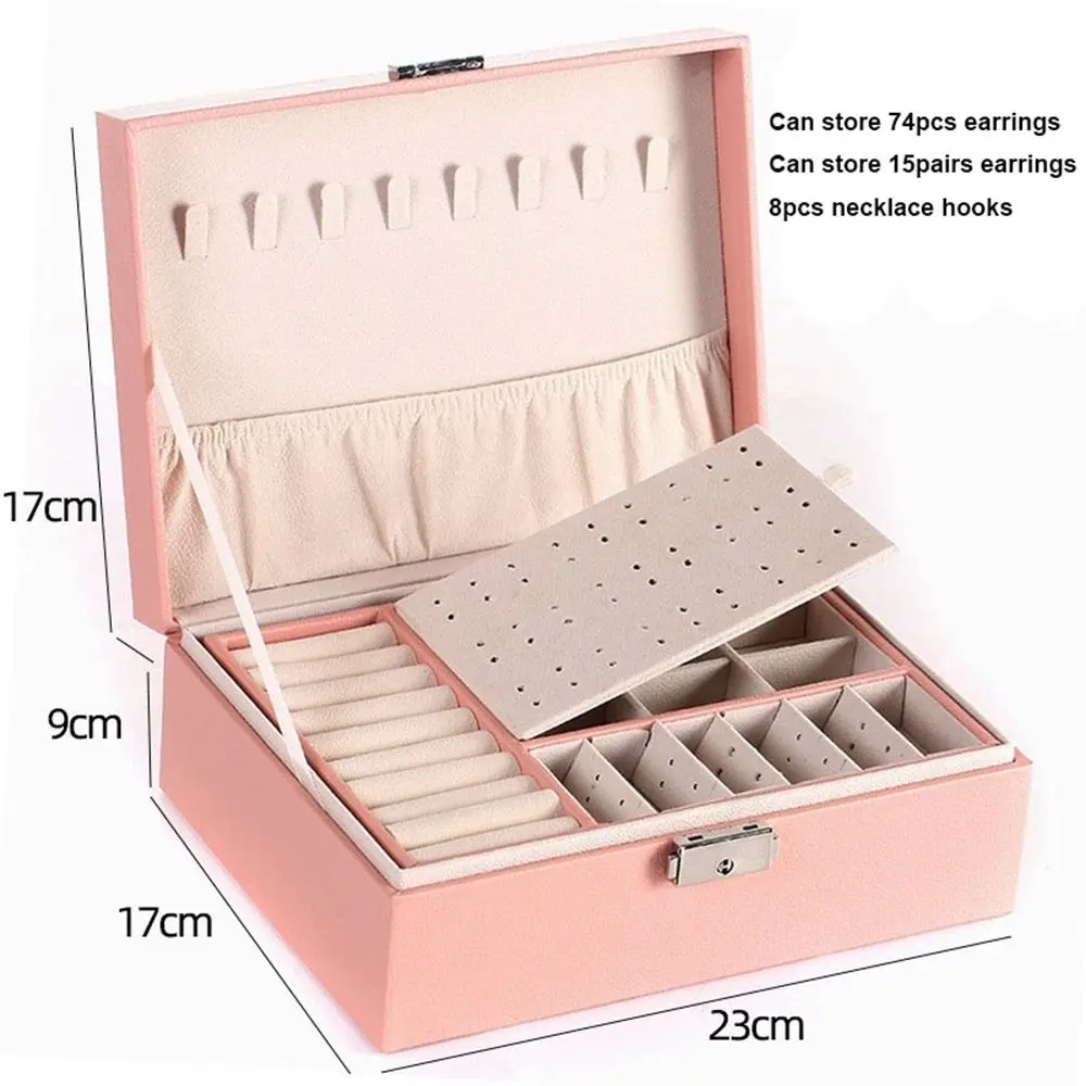 صندوق تخزين مجوهرات مزدوج الطبقات مع قفل محمول بغطاء قلاب راحة اليد صندوق رائع ذو سعة كبيرة حقائب مجوهرات للسفر