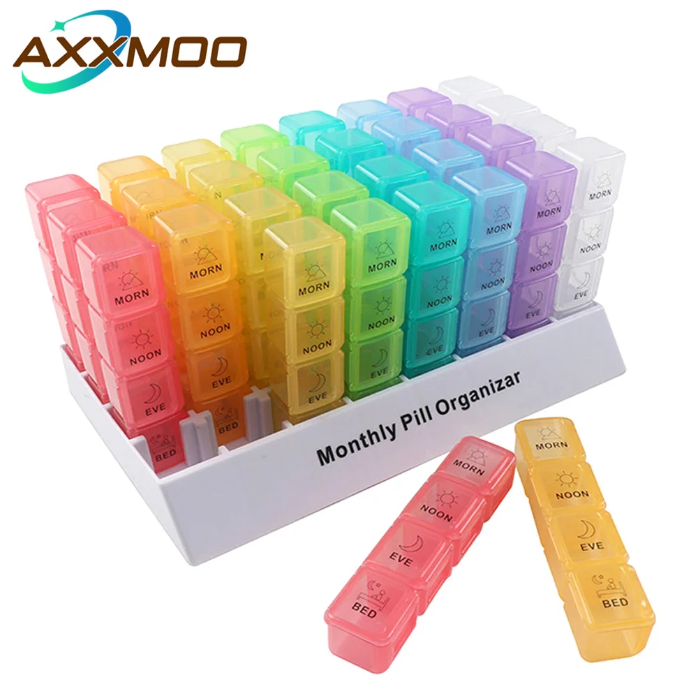 Monthly Pill Organizer 4 Times A Day, 31/32 Day Pill Box with 32 Compartments for Fish Oil, Vitamins, Supplements & Medication