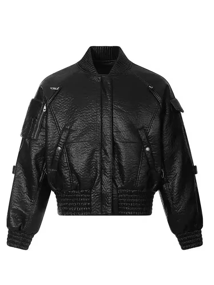 

Мужская зимняя утепленная короткая куртка-бомбер из искусственной кожи с текстурой American Decomposition, повседневная, в стиле Cleanfit