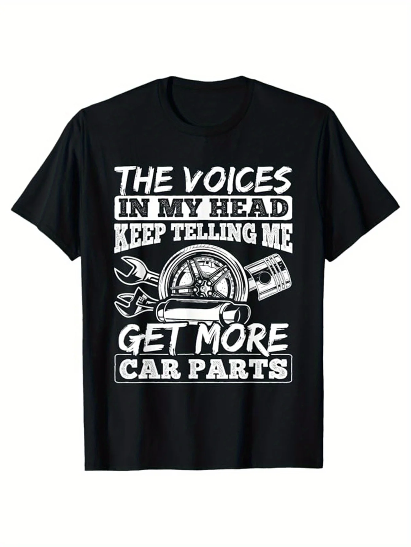 

Men's Cotton Graphic T-Shirt - "The Voices in My Head Keep Telling Me to Get More Car Parts" Design, Casual Short Sleeve