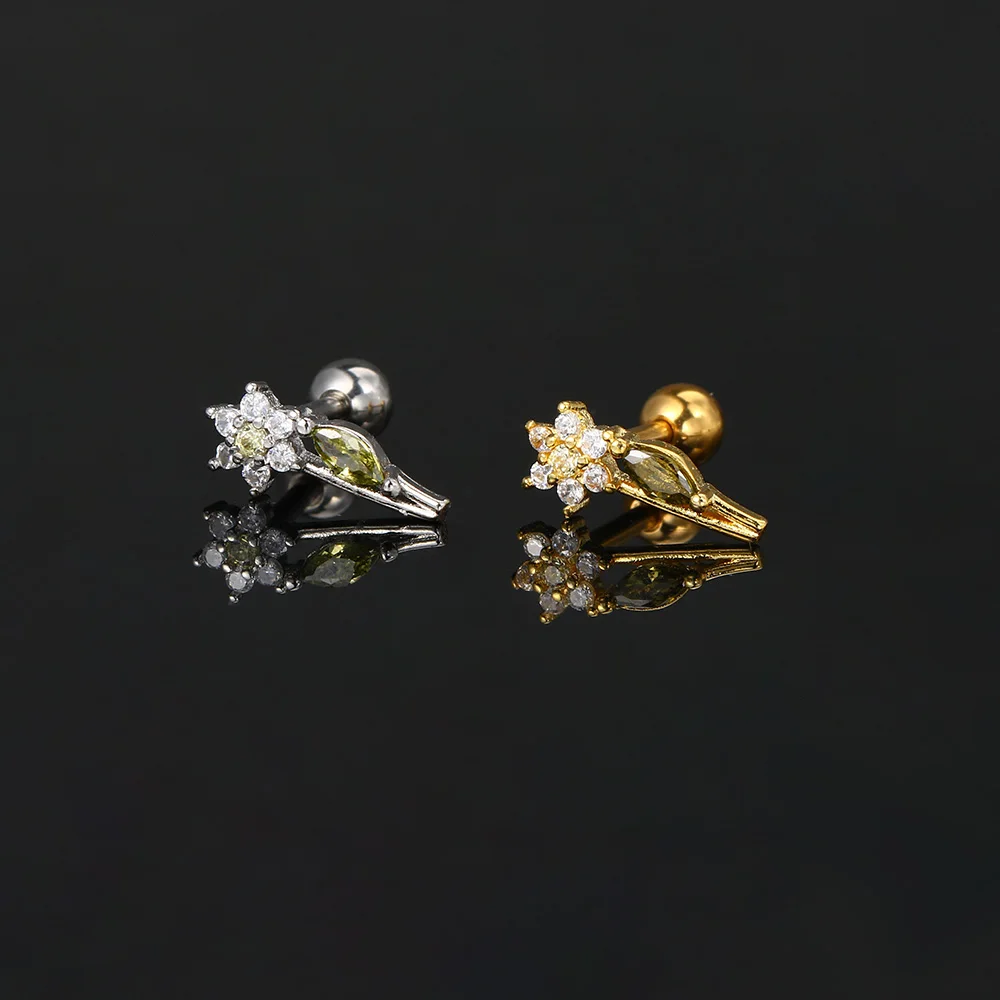 1PC Korean Tragus Piercing Helix Studs Earrings for Women Zircon Flower with Leaf Trendy Ear Tragus Piercing Body Jewelry CC128