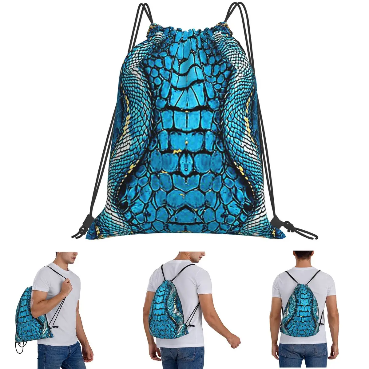 Snake Skin Blue Snake Serpent Animal Print Viper Fashion Backpacks Fashion Drawstring Bundle Pocket Sports Bag Book Bags