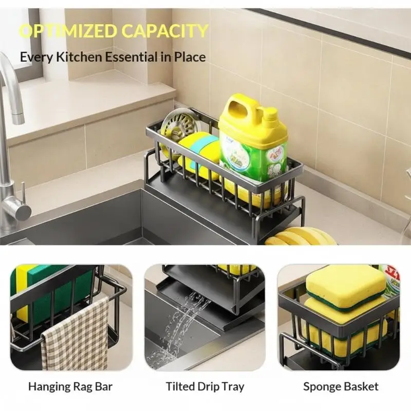 Kitchen Sink Drying Rack Space Saving Countertop Sponge Holder Multifunctional Drain Organizer for Kitchen Use