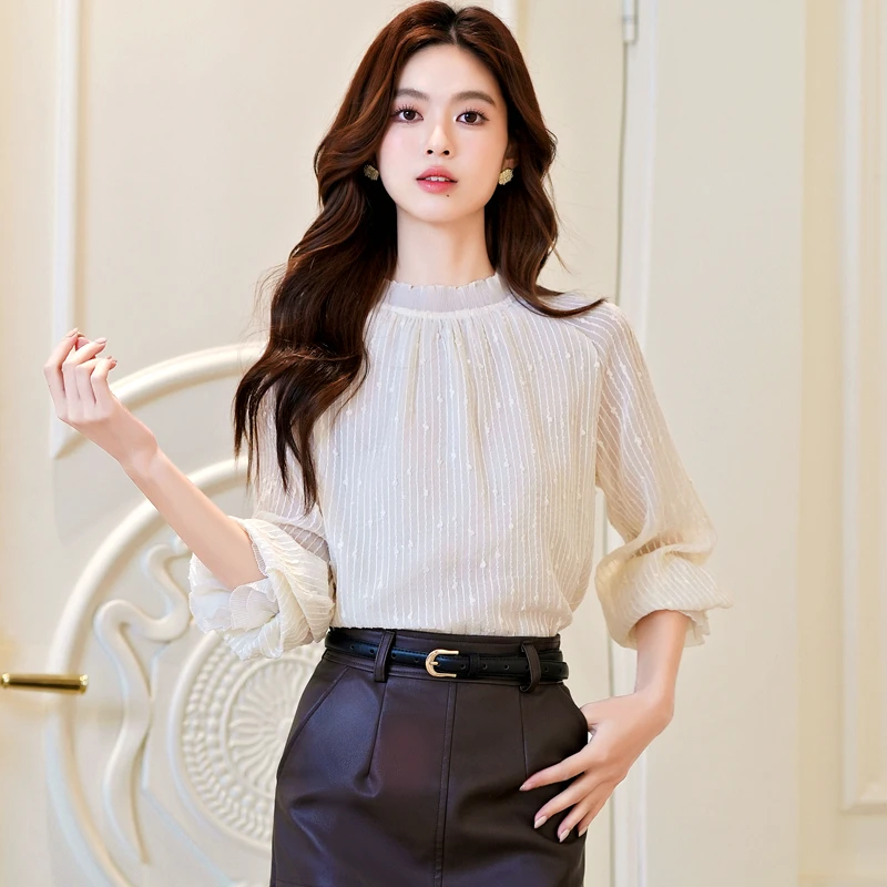 المرأة بلوزة قميص جديد طويل الأكمام الوقوف طوق أنيقة بلوزة شيفون قميص المرأة بلايز البلوزات قمصان Blusas Camisas 2025 Q729