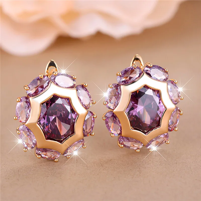 Luxury Female Purple Zircon Stone Clip Earrings Charm Gold Color Wedding Jewelry For Women