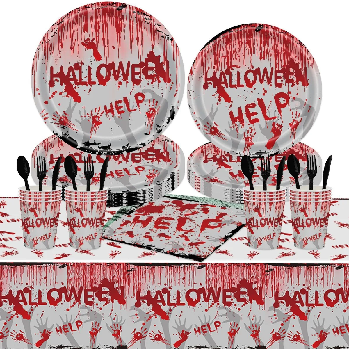 

Halloween Party Supplies Scary Bloody Hand Print Disposable Paper Plates Napkins Tablecloth Tableware for Halloween Party Decor