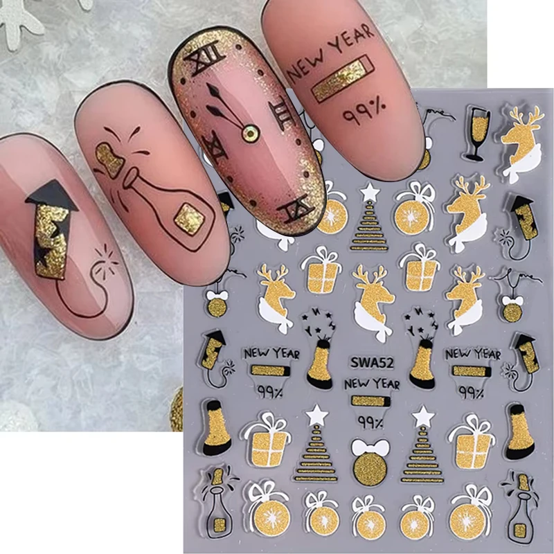 Christmas Nail Art Sticker 3D Winter Glitter Elk Snowflake Gingerbread Man Decals Self-Adhesive Sliders DIY Manicure Decorations