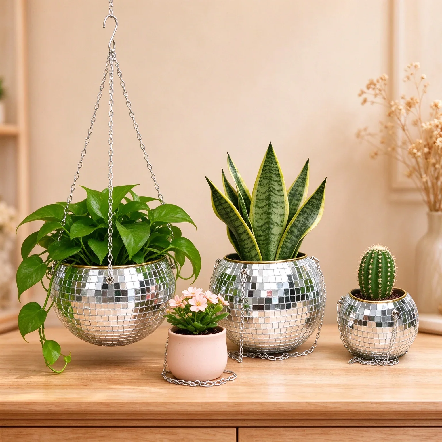 Hanging Disco Ball Flower Pot with Chain, Mirror Planter for Succulents, Boho Home Decor, Unique Cute Gift for Plant Lovers