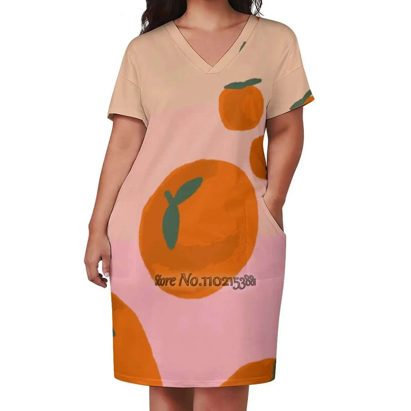 Tangerine Fashion Street Dress Loose V-Neck Short Sleeve Skirt Casual Party Skirt 5Xl Tangerine Fruit Pastel Orange Mandarin