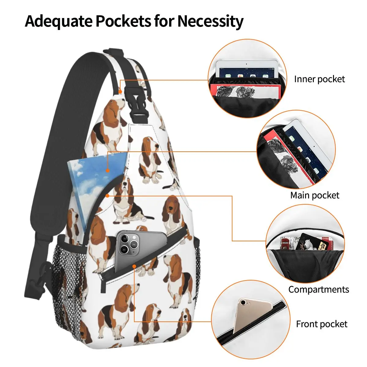 Basset Hound Dogs-bandolera para el pecho, bolso de hombro, mochila de día para viajes, senderismo, Camping, Satchel