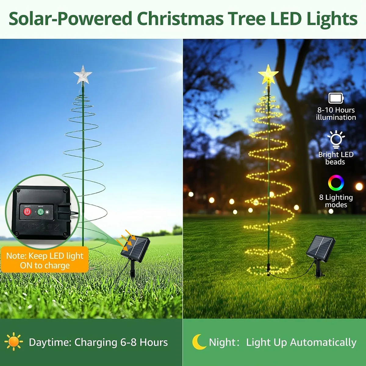 LED Solar Garden Christmas Decorative Light Outdoor Waterproof Ambient Lamp 8 Modes Lighting Flicker RGB Warm White 120cm 90cm