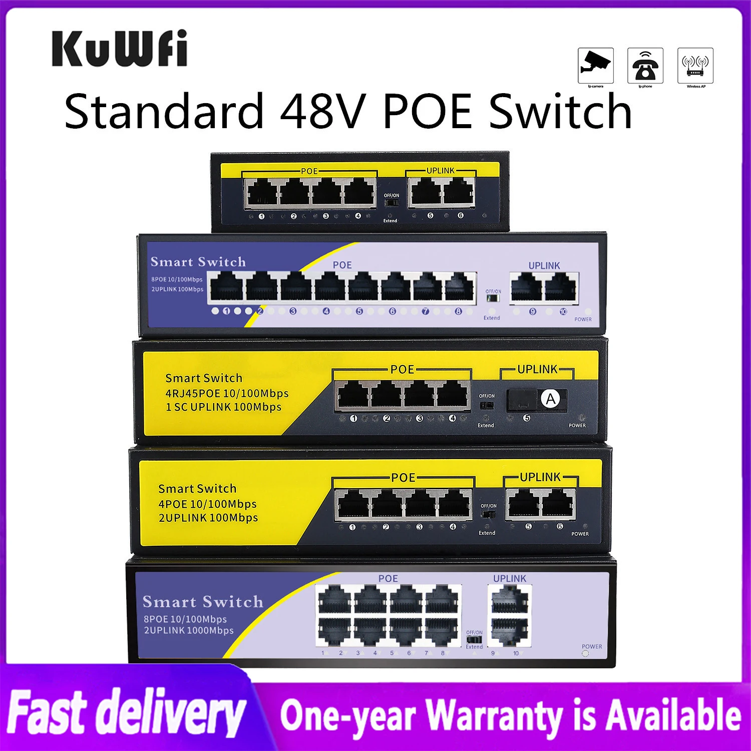 

48V POE Network Switch 10/100/1000Mbps Ethernet Switch 4Port/8Ports Network Switching Hub IEEE 802.3 AF/AT Switch for IP Camera