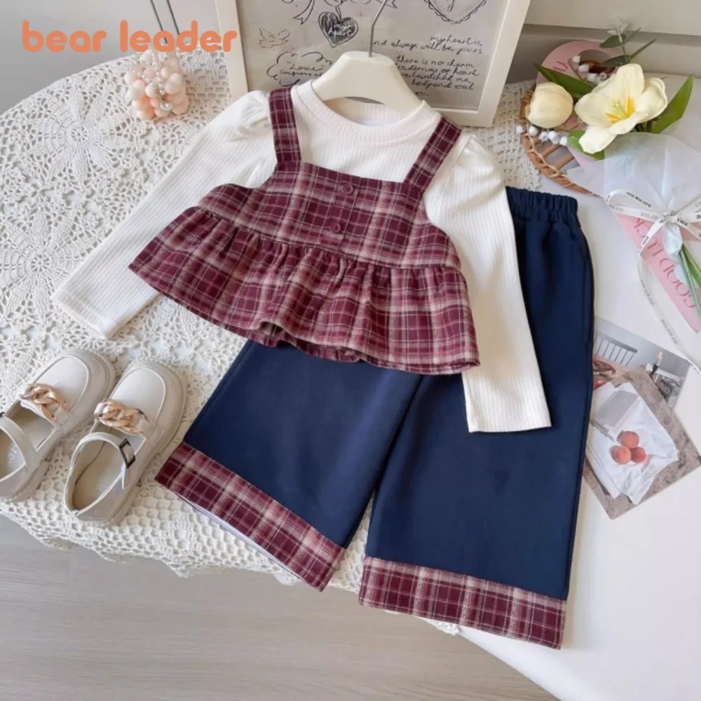 

Bear Leader Autumn Fashion Retro Kids Clothes Girls Plaid Sweet Camisole Vest+Long Sleeved Top+Wide Leg Pants Three Piece Set