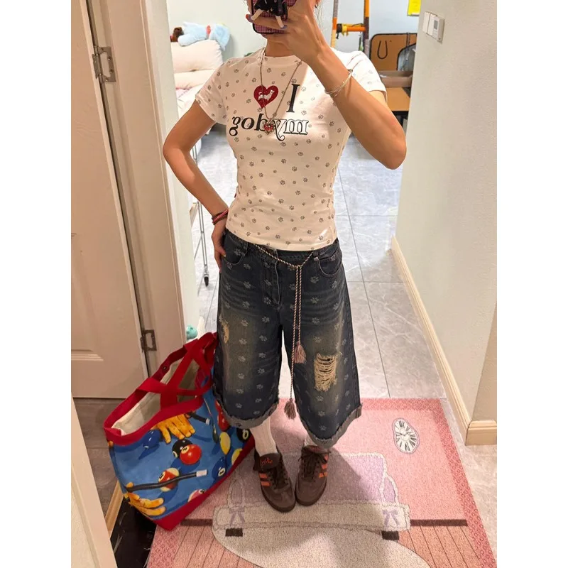 

Women's Loose Claw Print Distred Jeans Summer Trendy Streetwear Wide Leg Seven-Foot Mid-Pant Casual Denim Trousers