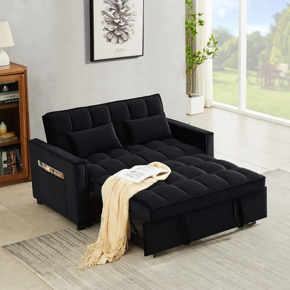 

Sleeper Sofa Couch w/Pull Out Bed, 55" Modern Velvet Convertible Sleeper Sofa Bed, Small Love seat Sofa Bed with 2 Pillows & Sid