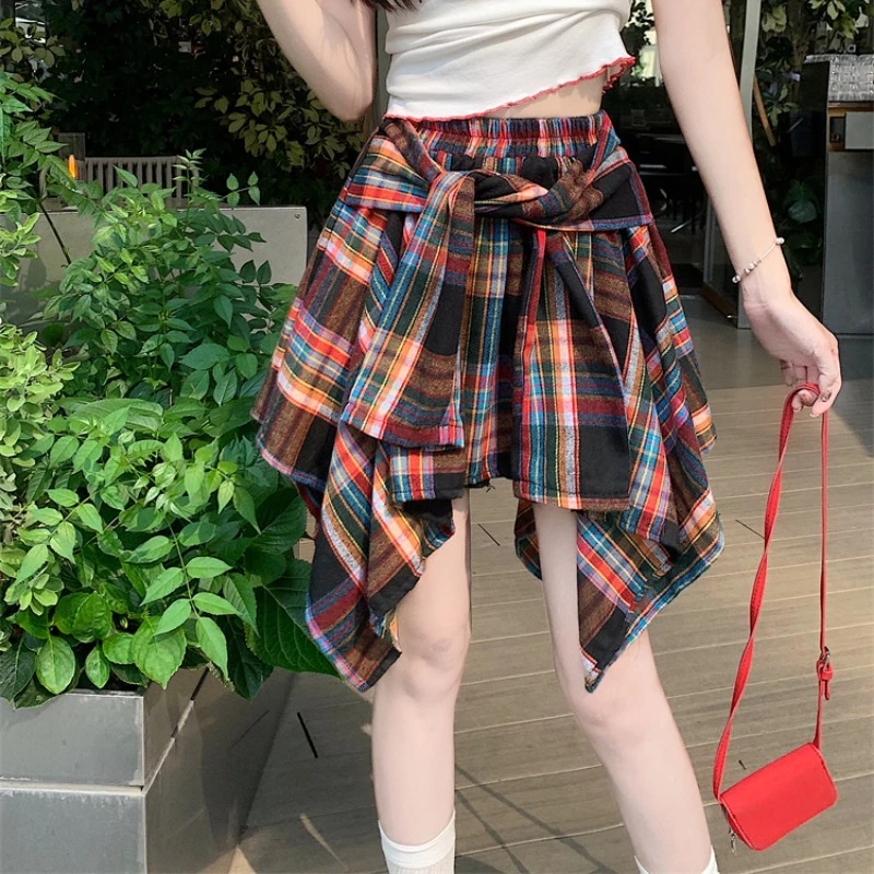 High Waist Irregular Design Plaid Skirts Women Summer Lace-up A-line Short Skirt Korean Style High Street Versatile Skirt Female