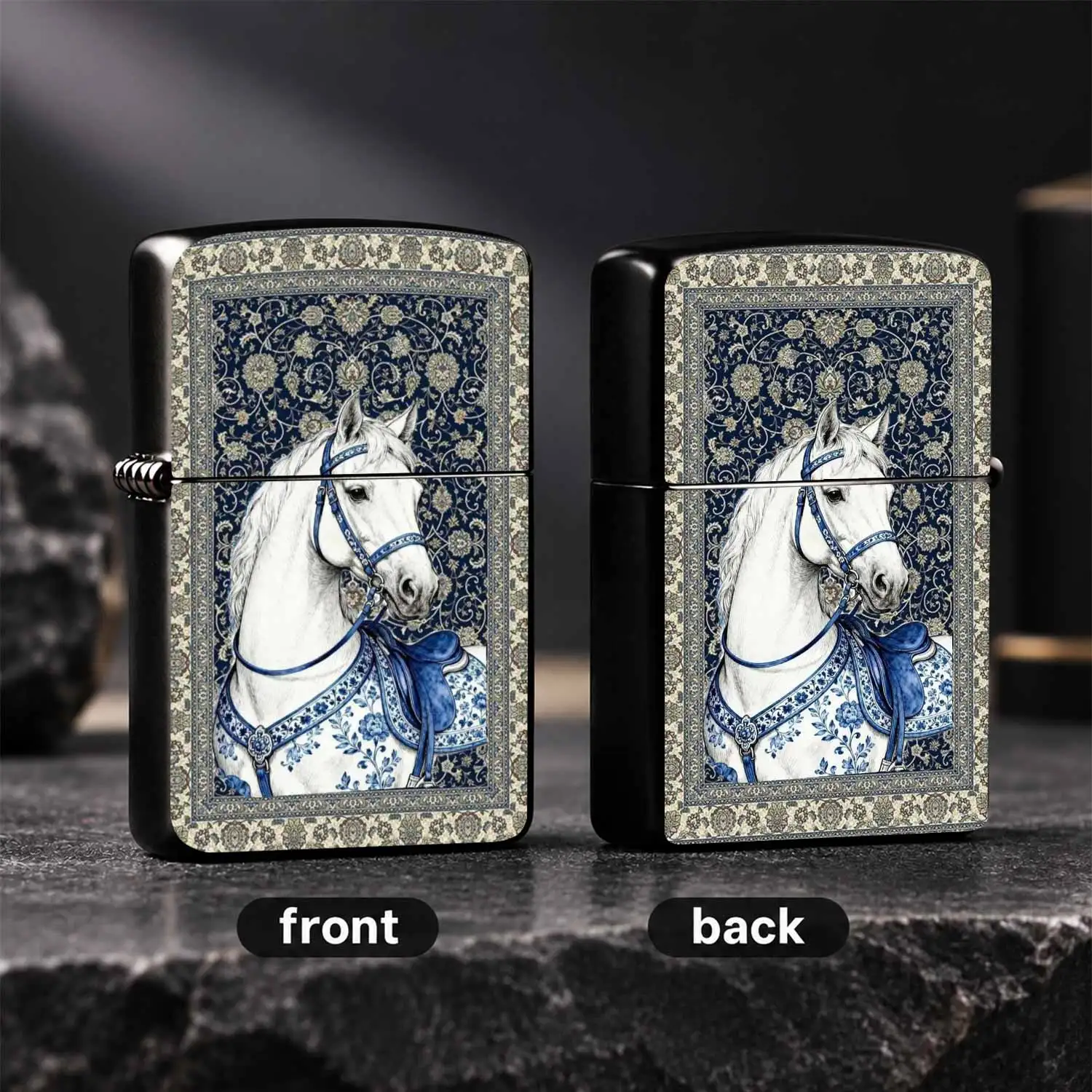 Exquisite Blue White Porcelain Style White Horse Pattern Lighter, Retro Persian Floral Art Decor, Portable Versatile Ignition Tool For Candle Incense Camping, Unique Decorative Present For Friends Art Lovers, Delicate Artwork Practical Acce