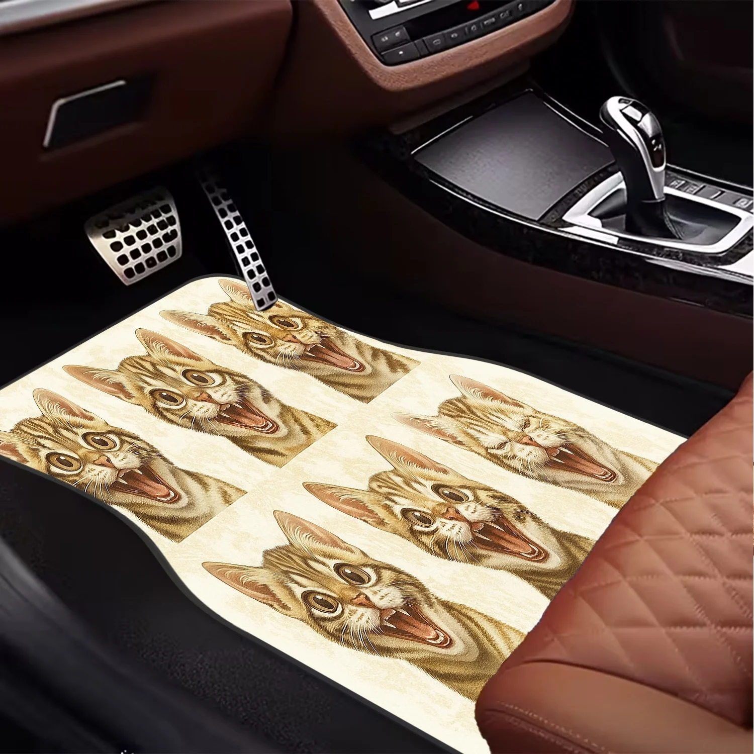 4pcs Cute Cat Style Car Floor Mats, Cat Expression Print Pattern, Non-Slip, Dust-Proof, Durable, Front And Rear Car Carpets, Eas