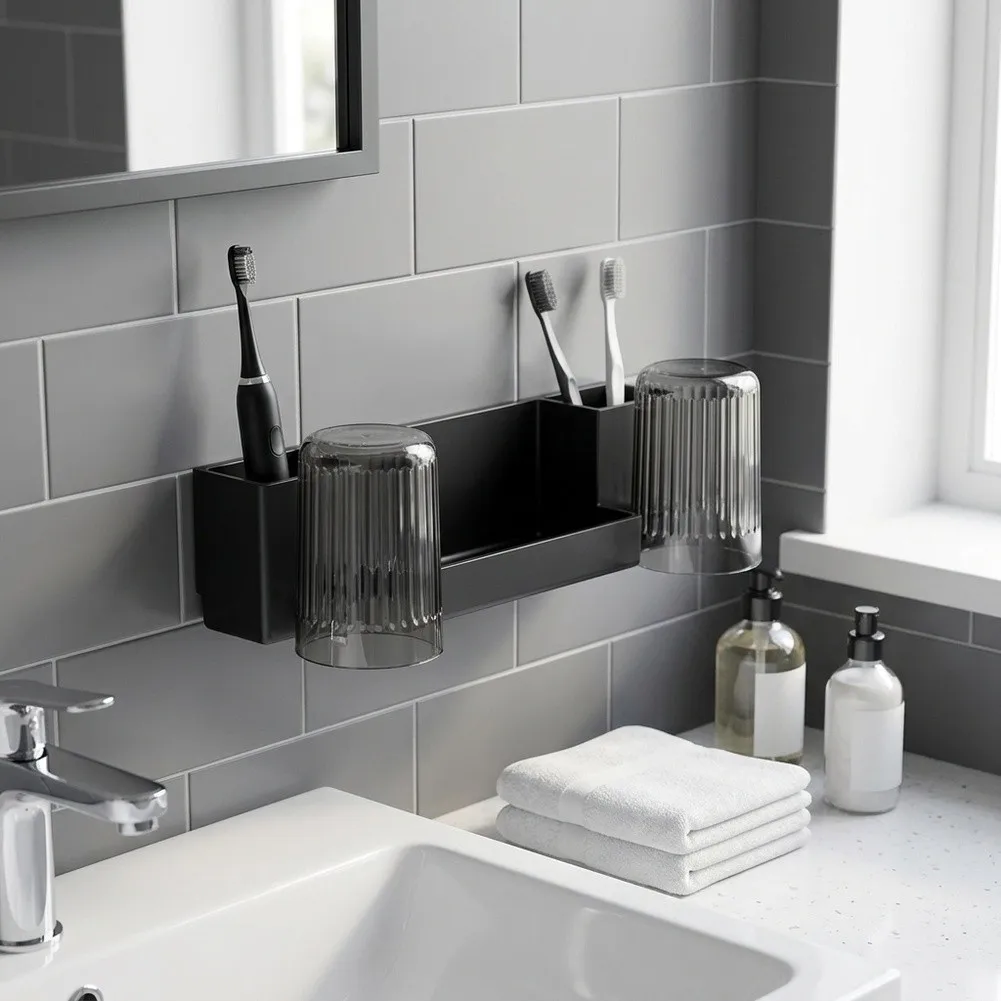 Toothbrush Holder Wall Mounted for Bathroom with Separate Adult Sections Holds Electric Manual Brushes Toothpaste ABS