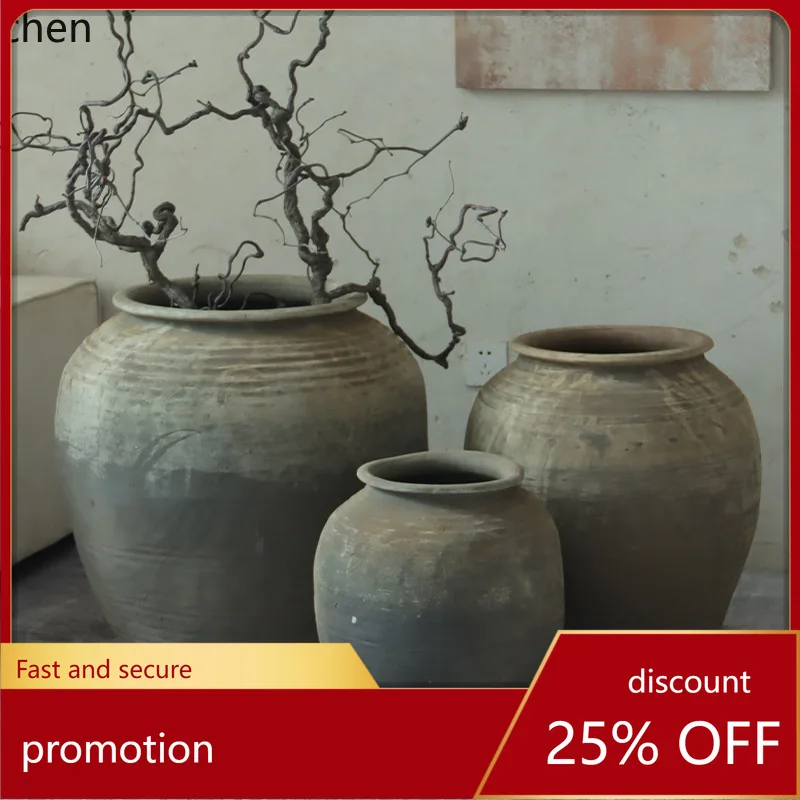 

YFY wabi-sabi style large round belly clay pot floor-standing large vase b&b stoneware flower vessel courtyard decoration