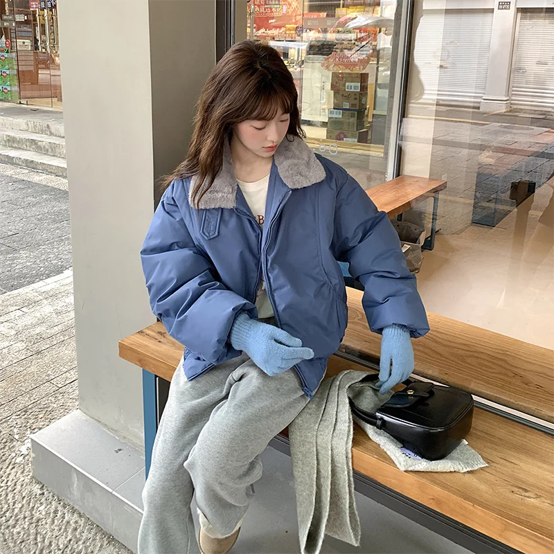 여성용 겨울 자켓 패션 플러시 칼라 푸퍼 다운 코튼 코트 하라주쿠 레트로 라펠 숏 파카 한국 스트리트 패딩 자켓