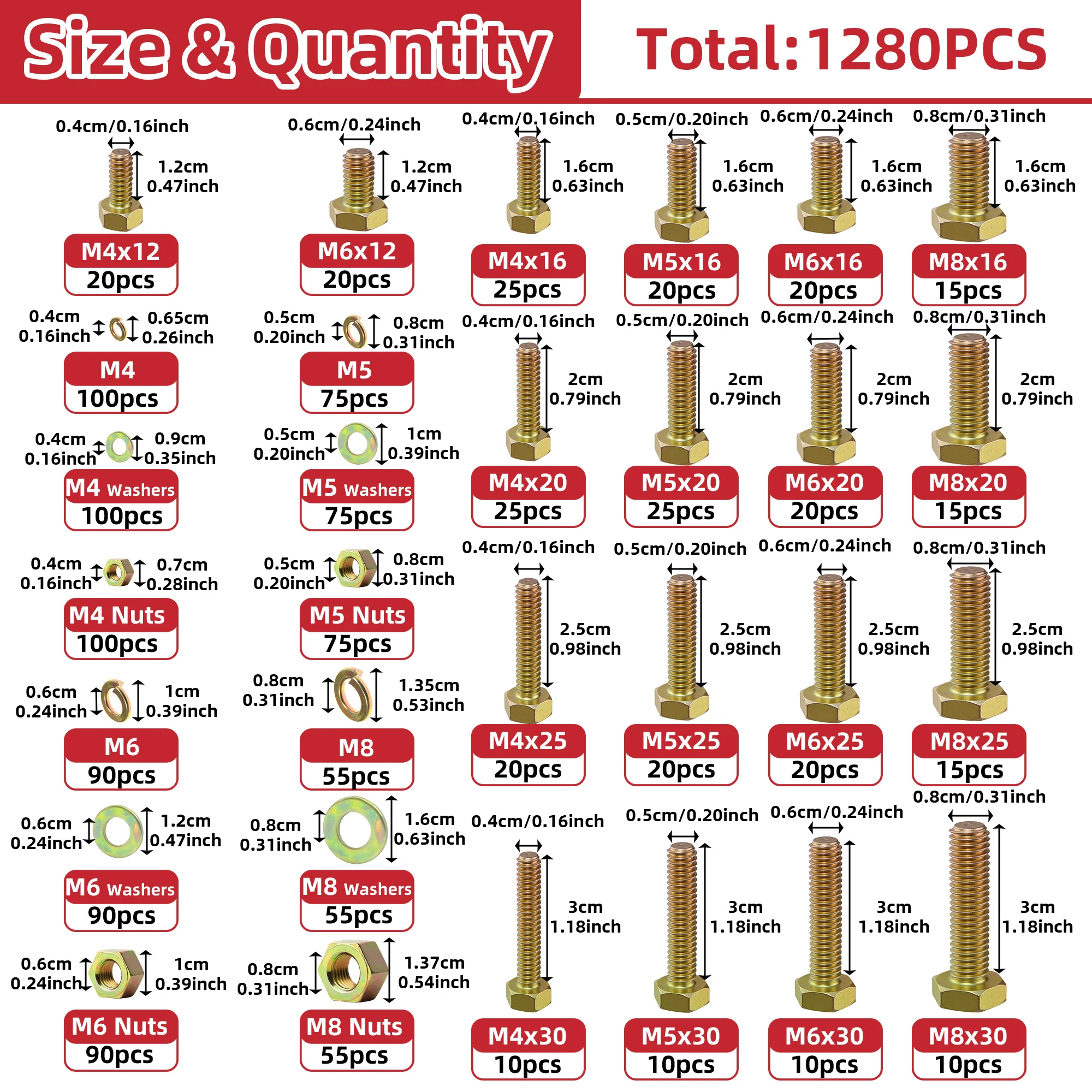 1280Pcs 8.8 Grade Color Zinc Plated Hex Bolt Nut Washer Assortment Kit, External Hex Screw, Nut, Flat & Spring Washer Combo Set