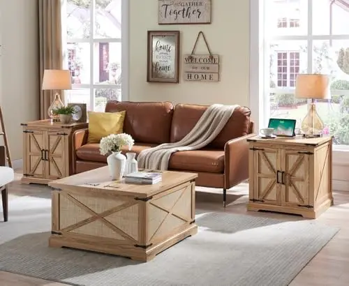 Farmhouse Coffee Table with Lift Top, Rustic Storage Table, Natural Rattan Design