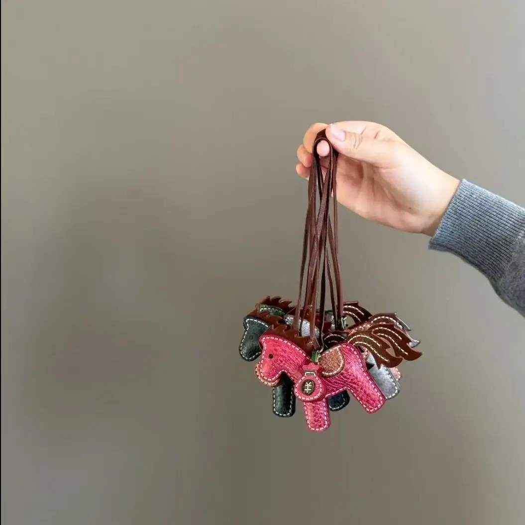 

Genuine Leather Handmade Small Horse Bag Charm with Mini Wallet Keychain Pendant Decorative Key Ring