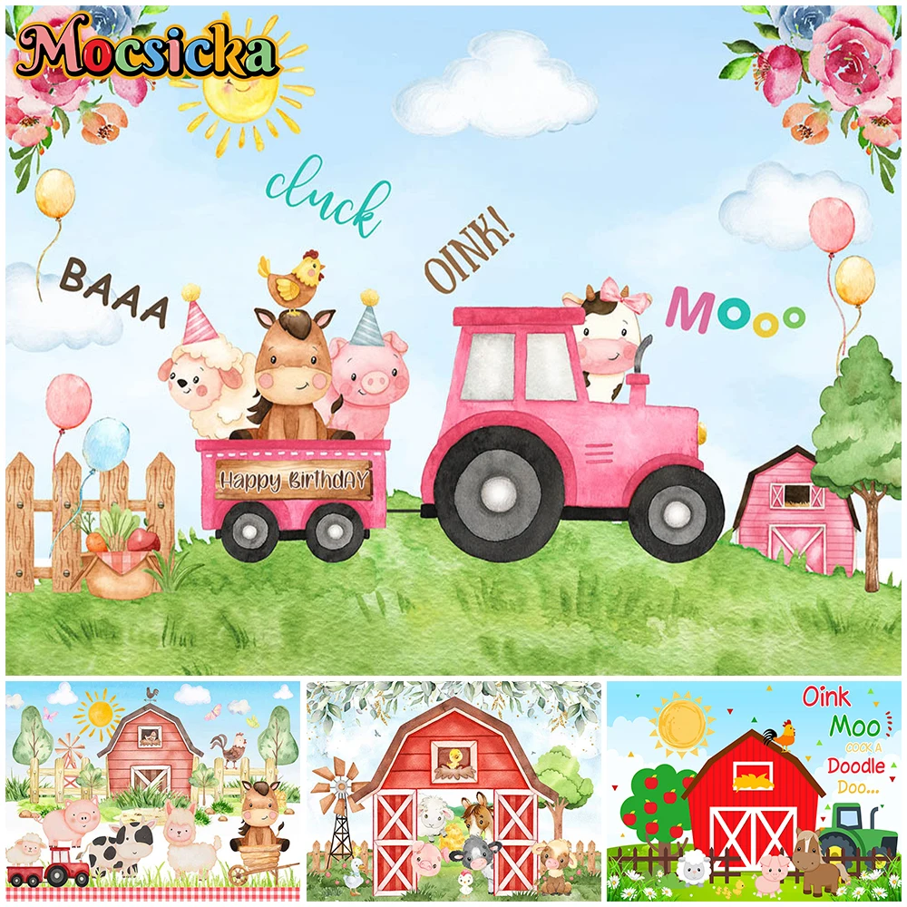 

Mocsicka Farm Tractor Background Photography Soft Washable Non Fading Orchard Pink Home Decor Happy Birthday Backdrops Photocall