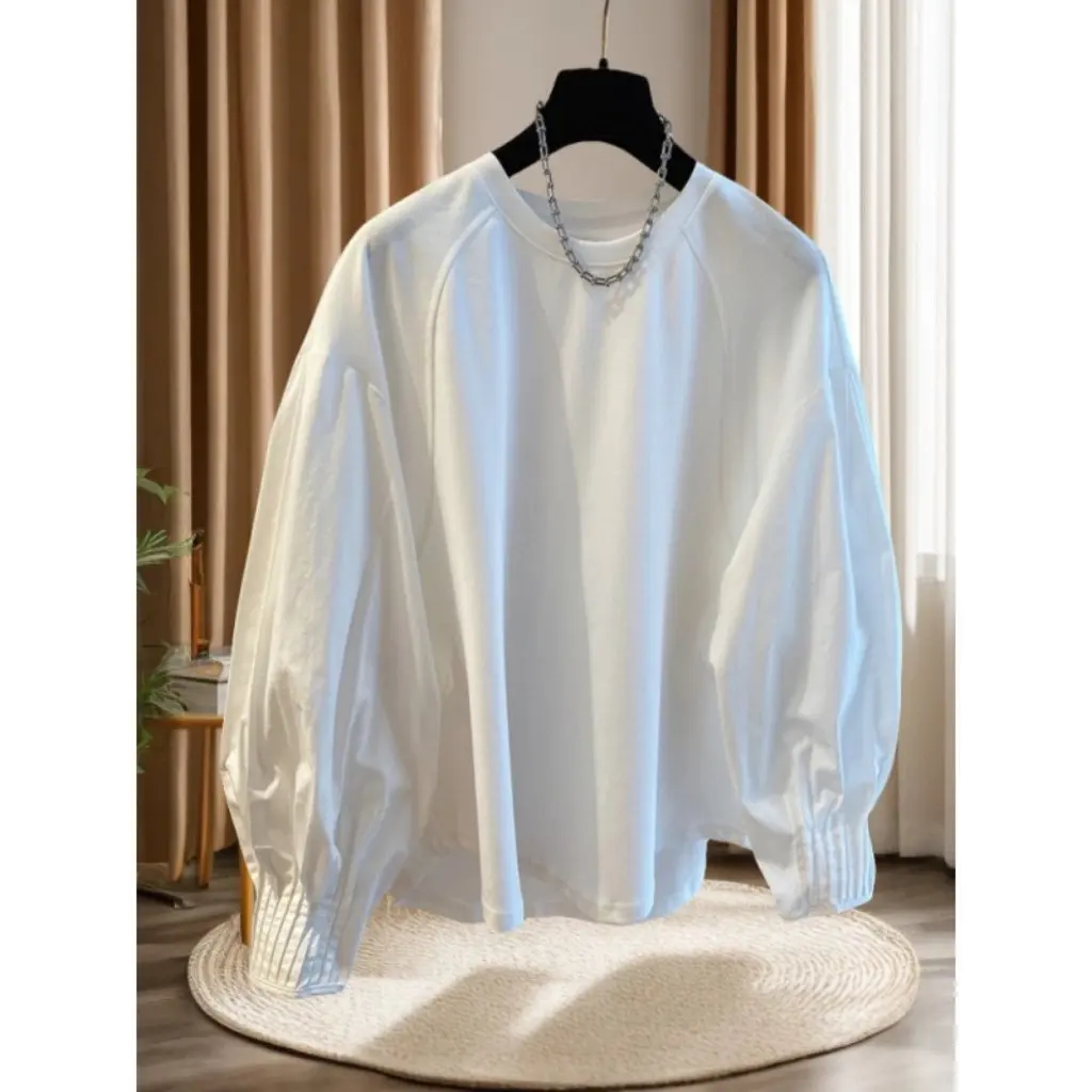

Women's Lantern Sleeve Pleated Stitching Shirt Sweater Design Sense Spring Trendy Thin Base Top